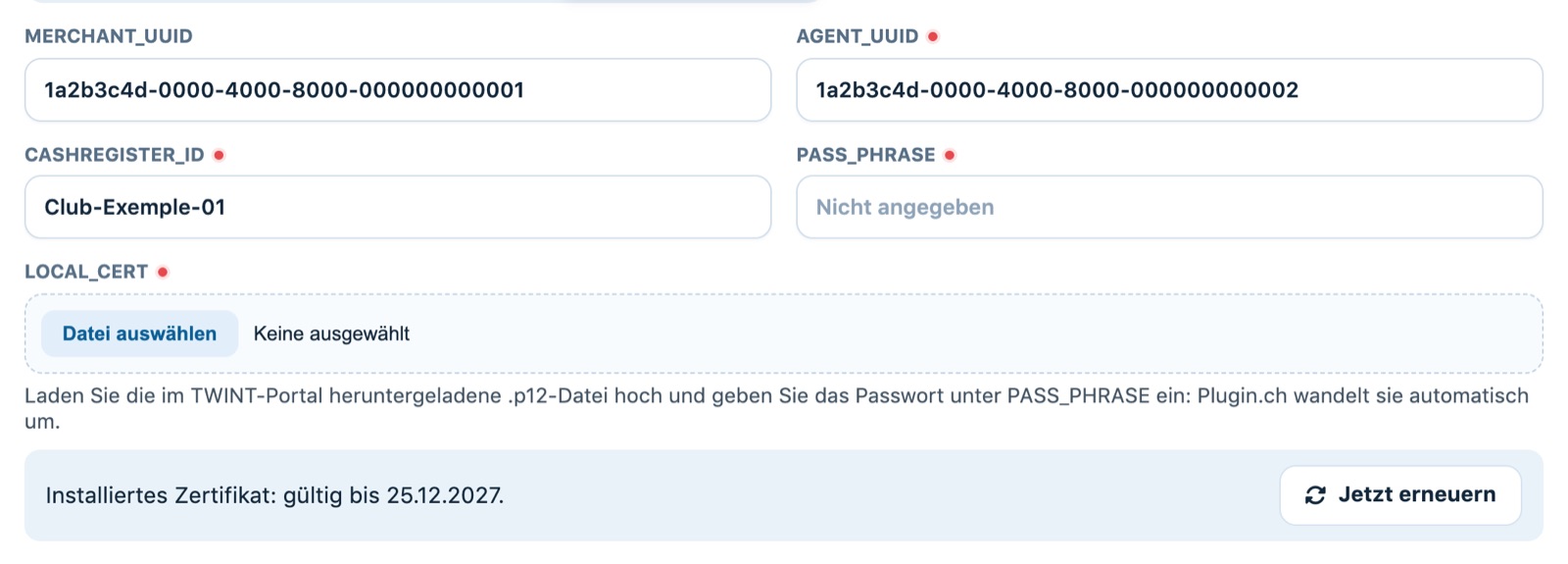 Registerkarte TWINT mit der Gültigkeit des Zertifikats