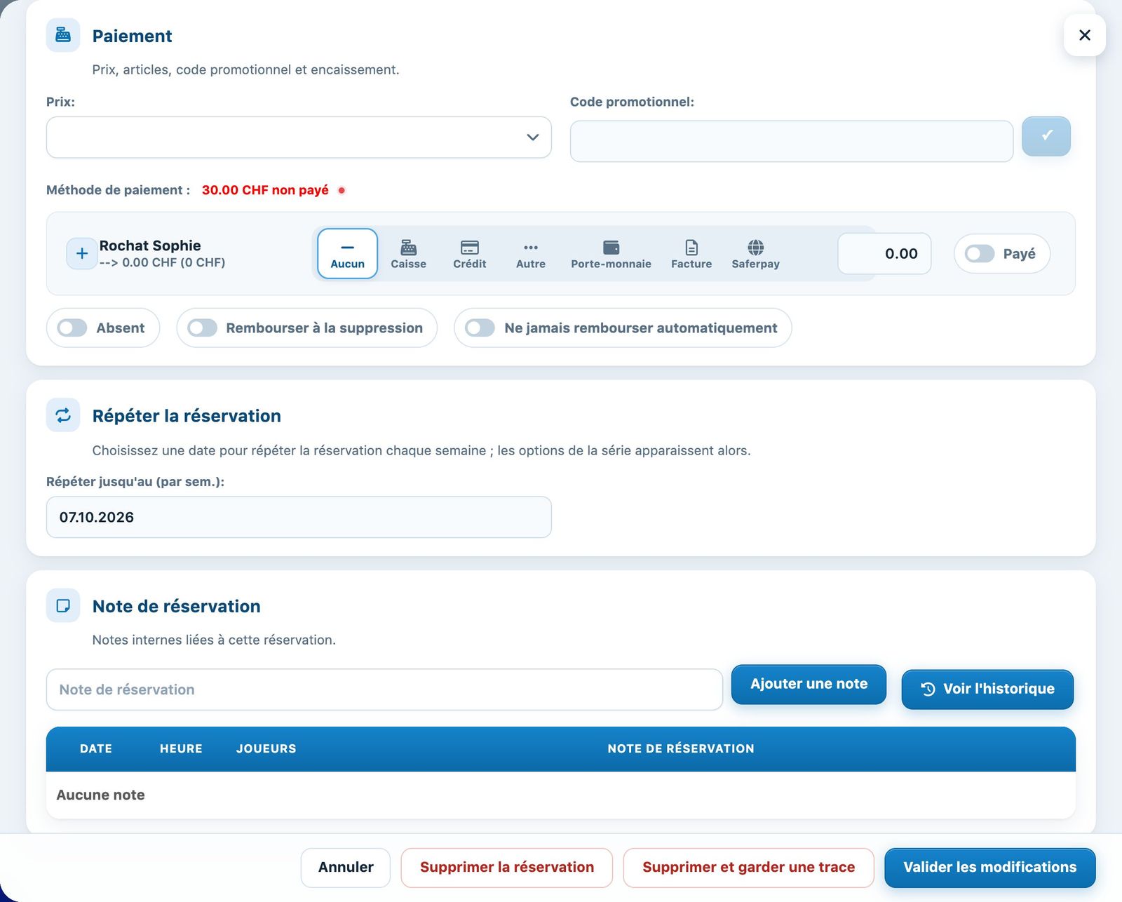 Partie Paiement d'une réservation existante