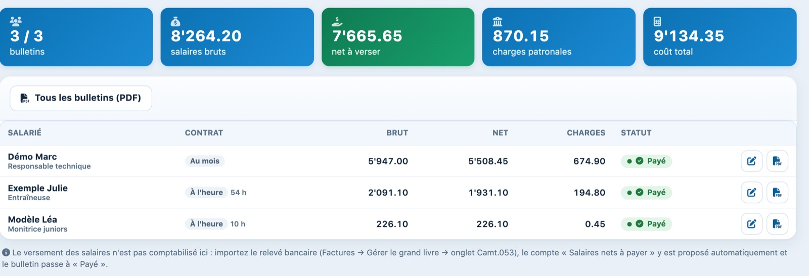 Paie du mois de septembre : trois bulletins au statut Payé et la note sur le versement